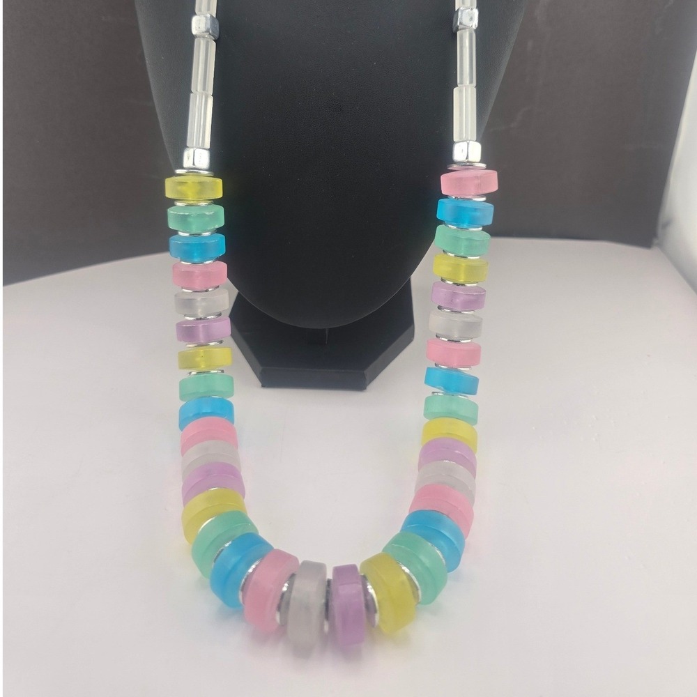 Vintage Estate Necklace Multicolor Frosted Lucite Pastel Disc Beaded 22in